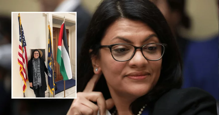 'There is only one flag': Rashida Tlaib slammed after pic shows her posing in front of Palestinian flag in her office