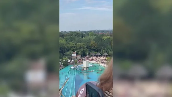 Terrifying moment Europa-Park riders get stuck as mobile pool and diving platforms collapse