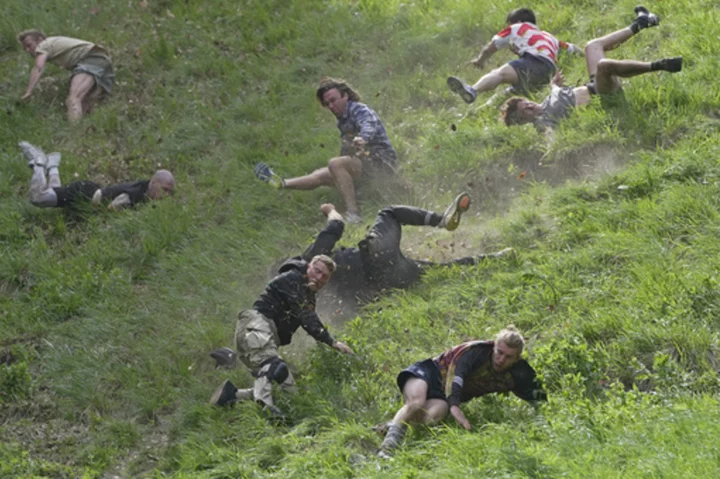 Rolling thunder: Contestants chase cheese wheel down a hill in chaotic UK race